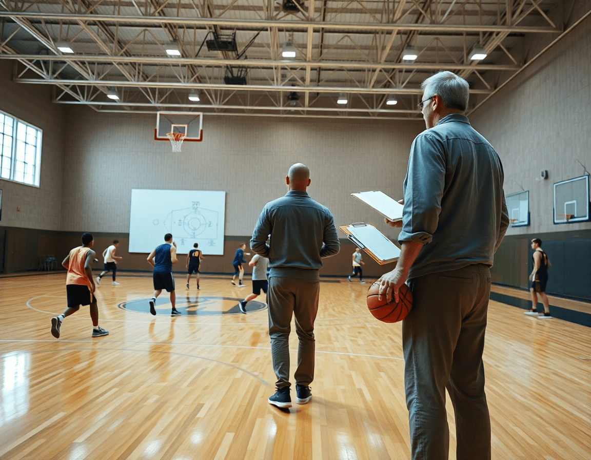 Allenatore in una palestra di basketball guida una sessione di tiro, con obiettivi chiari.