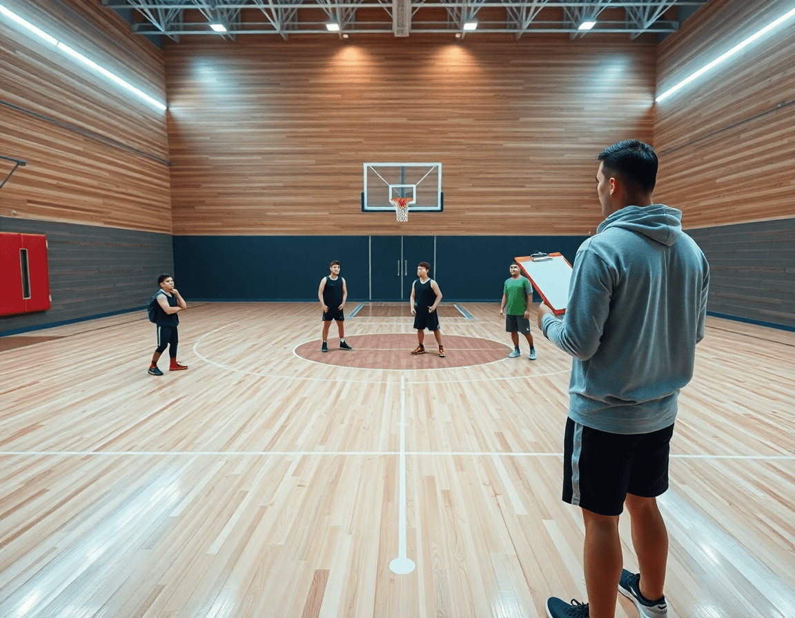 Scena ampia di palestra con allenatore che spiega schemi basket a una squadra durante l'allenamento.