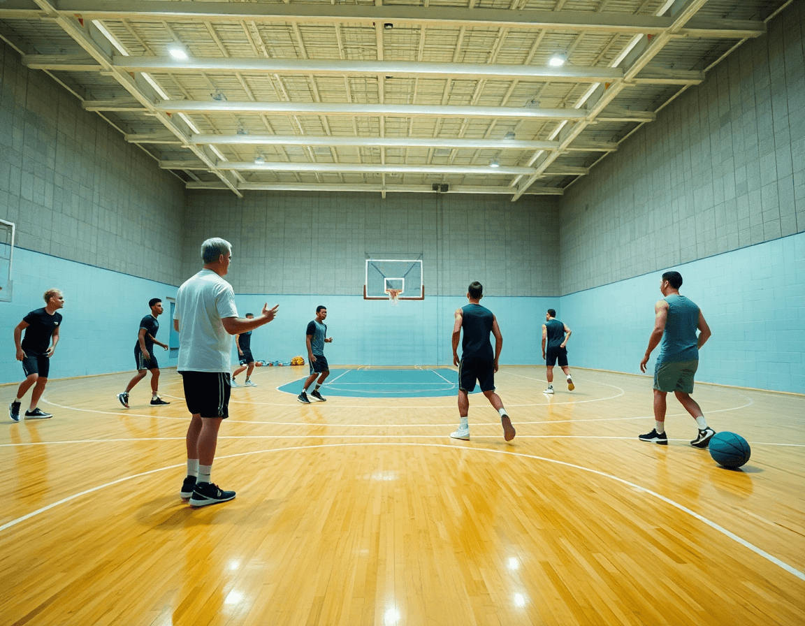 Scena ampia in palestra con pavimento in cemento, allenatore basket guida la squadra durante una esercitazione.