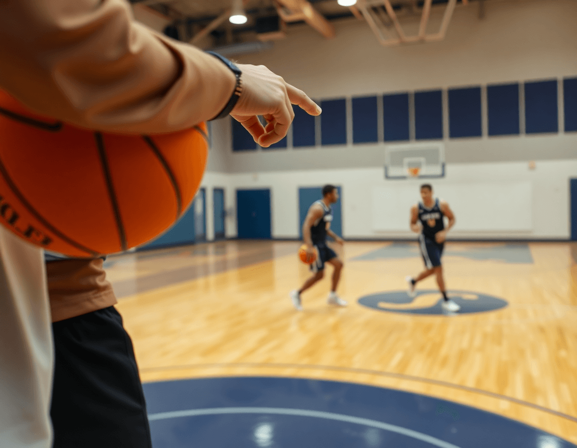 Dettaglio in palestra: coach indica una lavagna bianca mentre una mano stringe una basket.