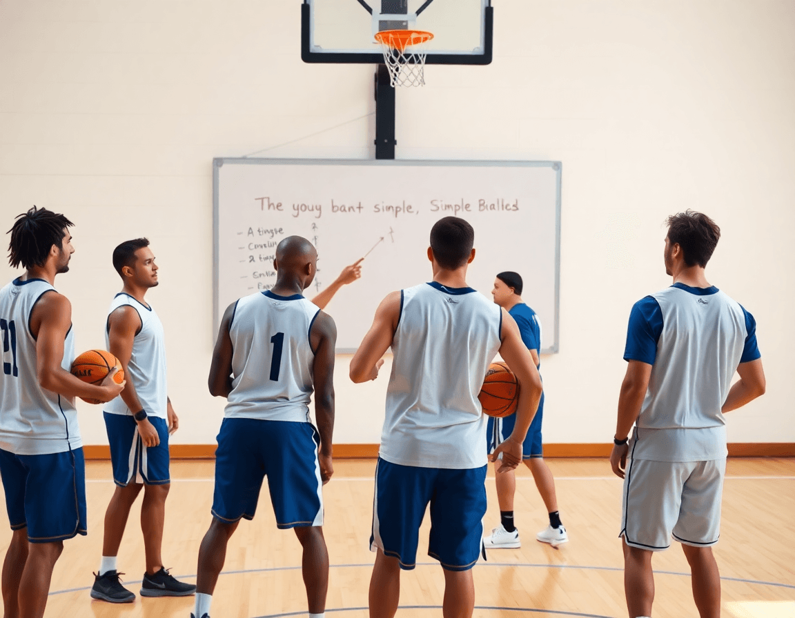 Scena tattica di basket: la squadra attorno a una lavagna bianca mentre il coach spiega movimenti.