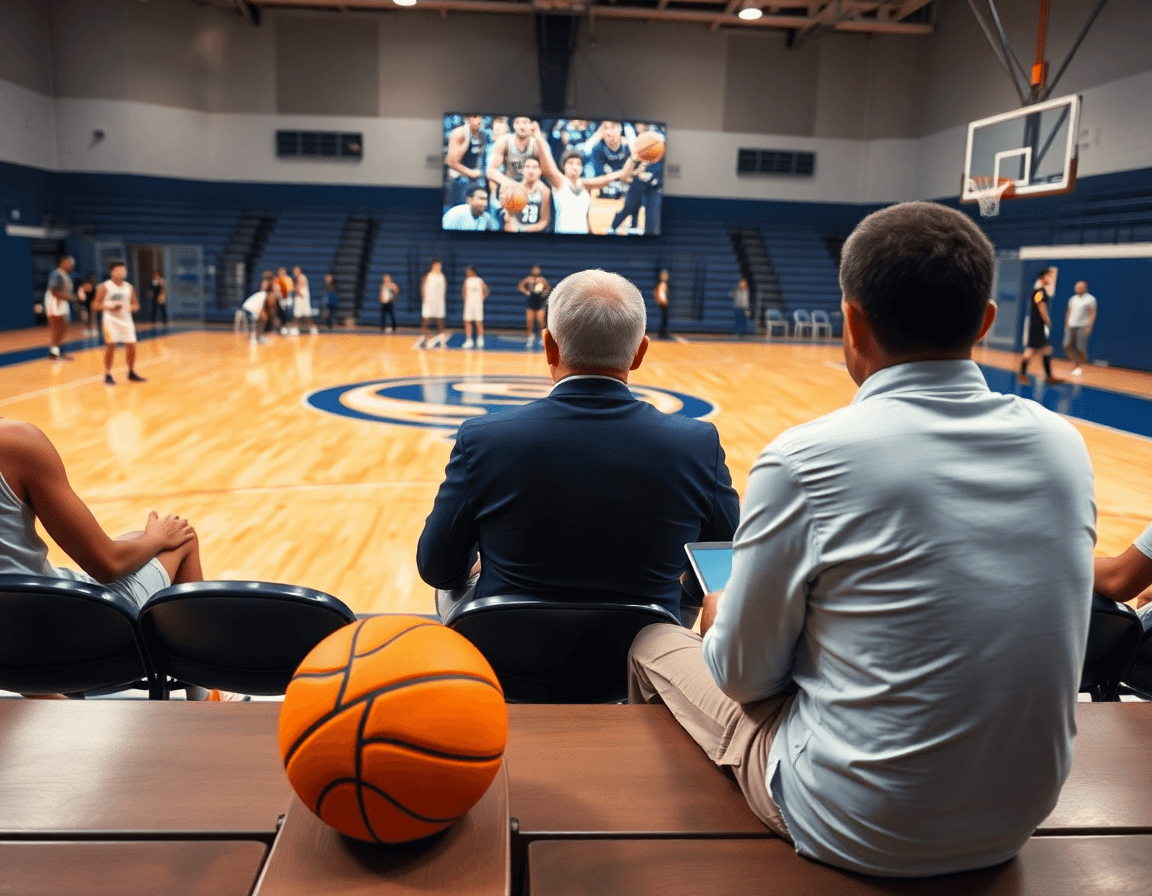 Scouting di basket: l'allenatore guarda clip sul laptop mentre i giocatori osservano la partita.
