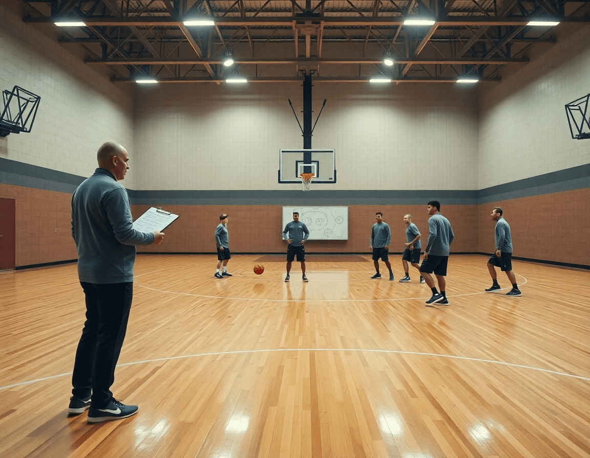Allenamento di basket in palestra: coach con clipboard guida i giocatori sul campo da basket.