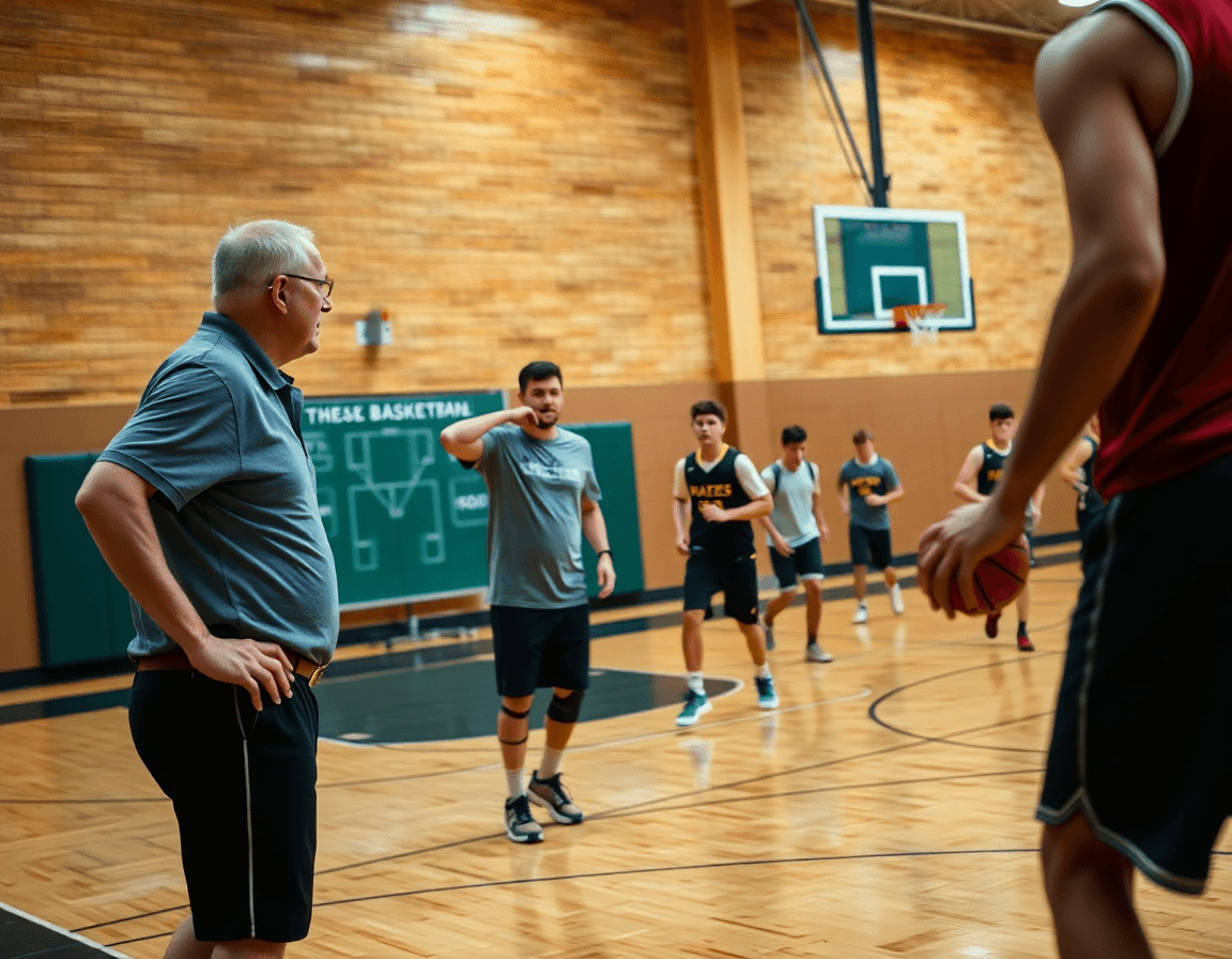 Giocatori eseguono un esercizio mentre l'allenatore spiega il sistema basket sulla lavagna tattica.