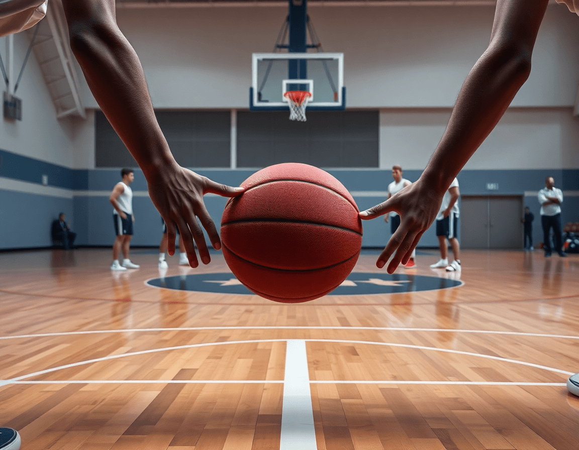 Mani palleggiano un pallone arancione sul parquet, mentre i compagni seguono il sistema basket in allenamento.