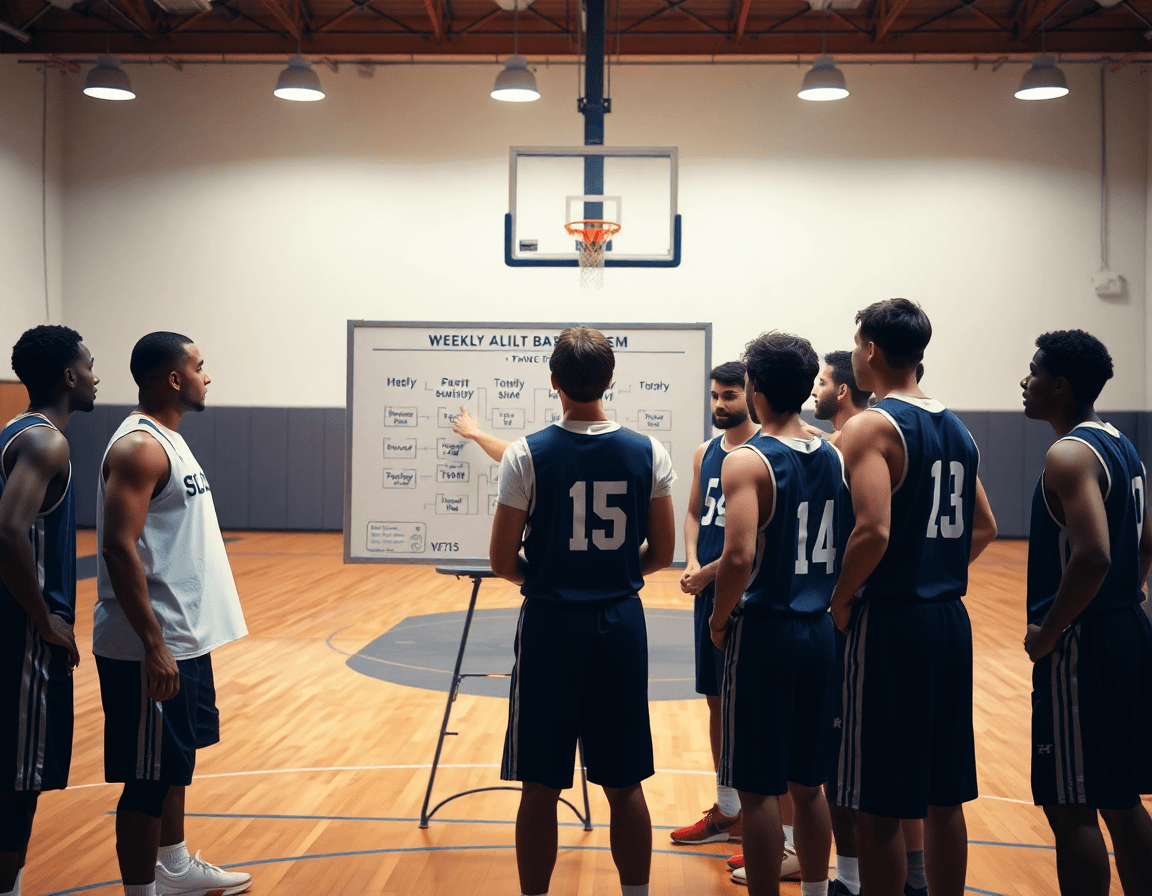 L'allenatore indica un diagramma settimanale del sistema basket sul muro bianco mentre i giocatori osservano.