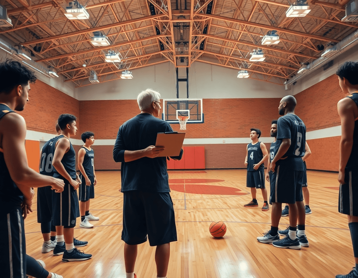 Allenatori e squadra discutono un sistema basket settimanale durante l'allenamento in palestra.