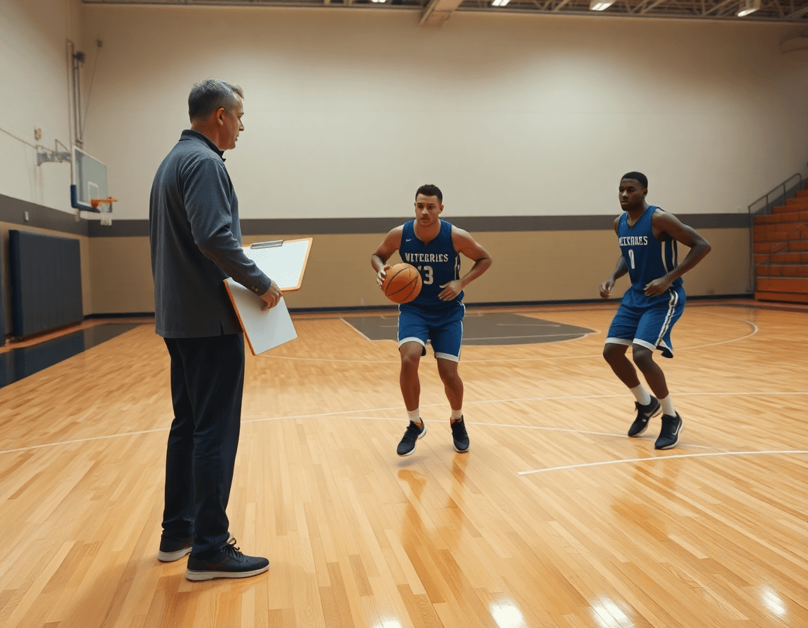 Primo piano su mani e pallone arancione mentre due giocatori eseguono contropiede basket esercizi sul parquet.