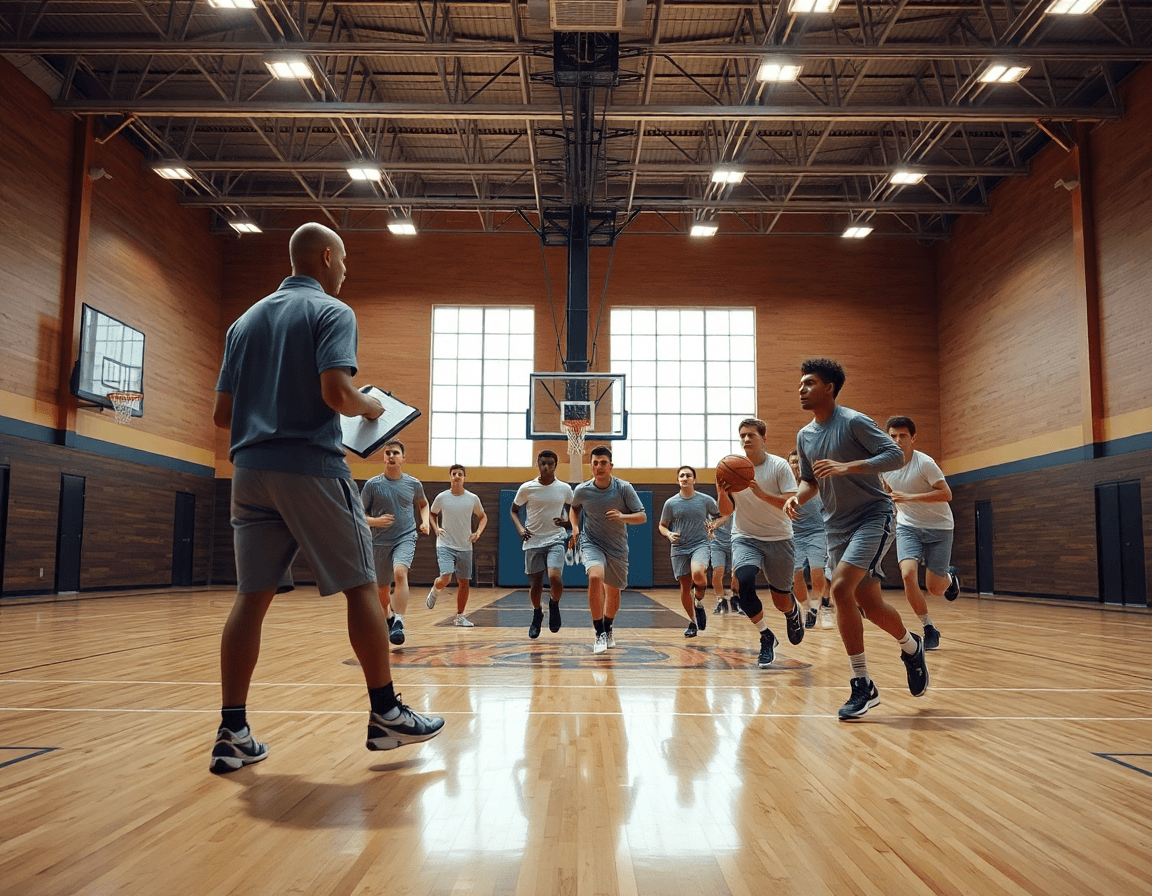 Scena ampia di contropiede basket esercizi in palestra: allenatore, squadra in kit, campo in parquet lucido.