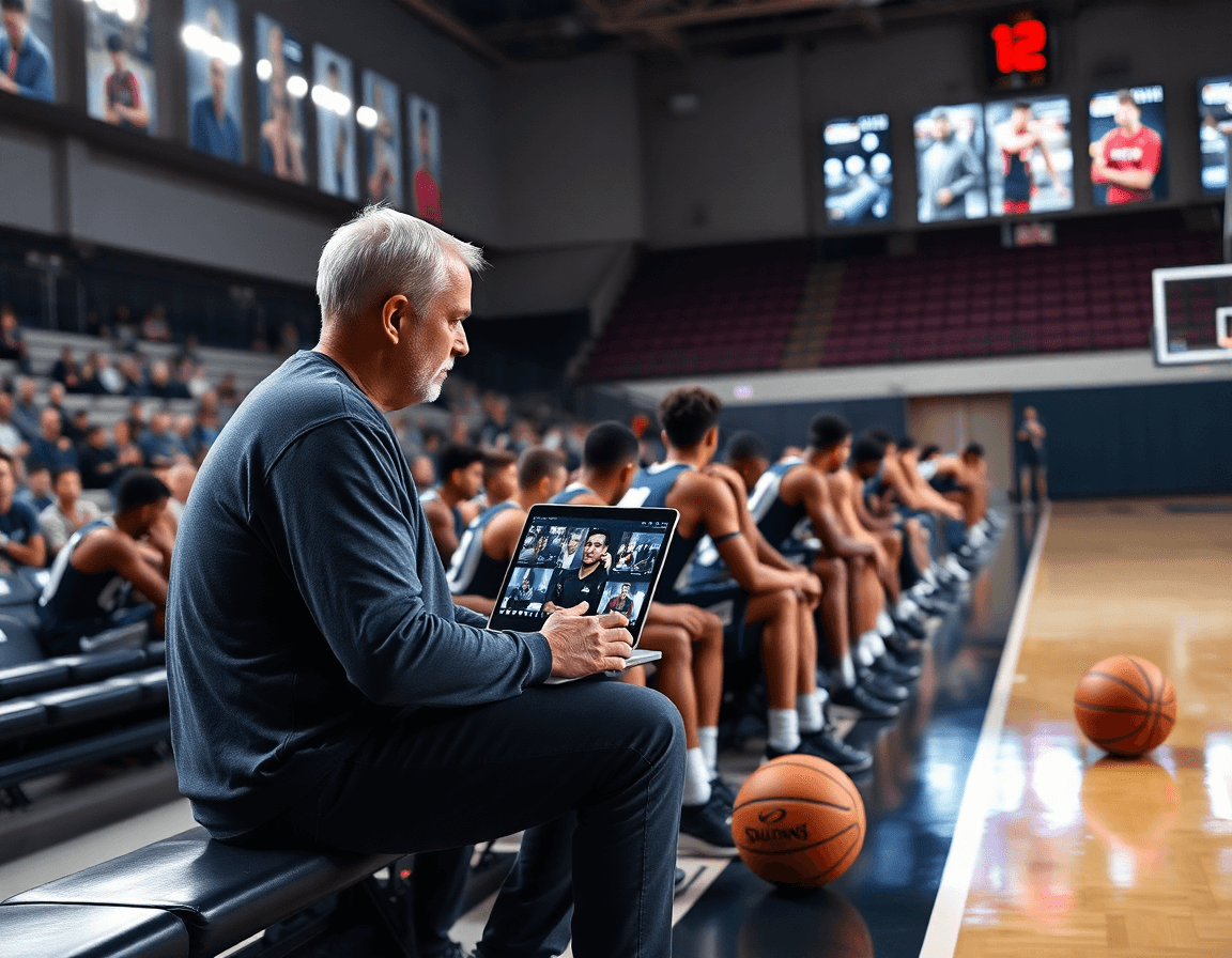 Coach controlla clip video sul laptop mentre i giocatori guardano dalla panchina, contenuti di basket.