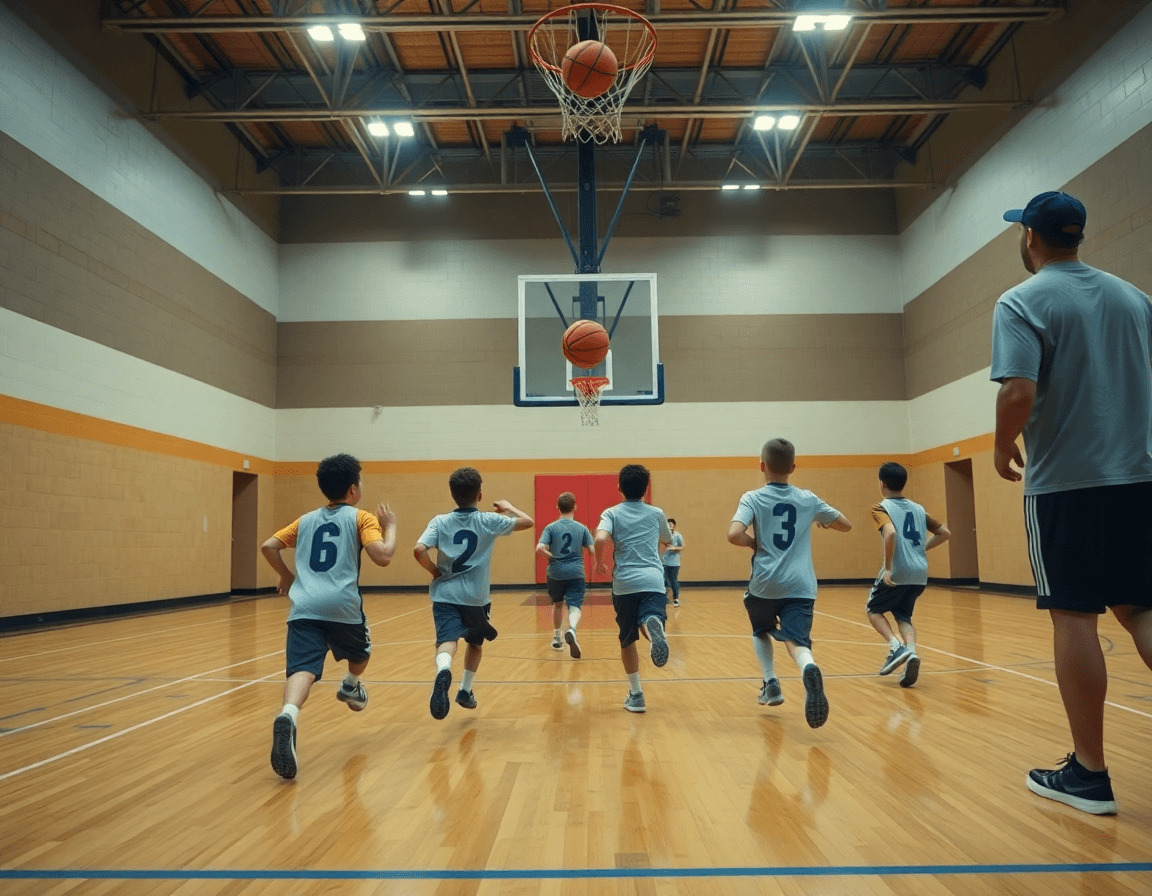 Contropiede basket giovanile: coach guida una squadra in transizione su un ampio campo di basket.