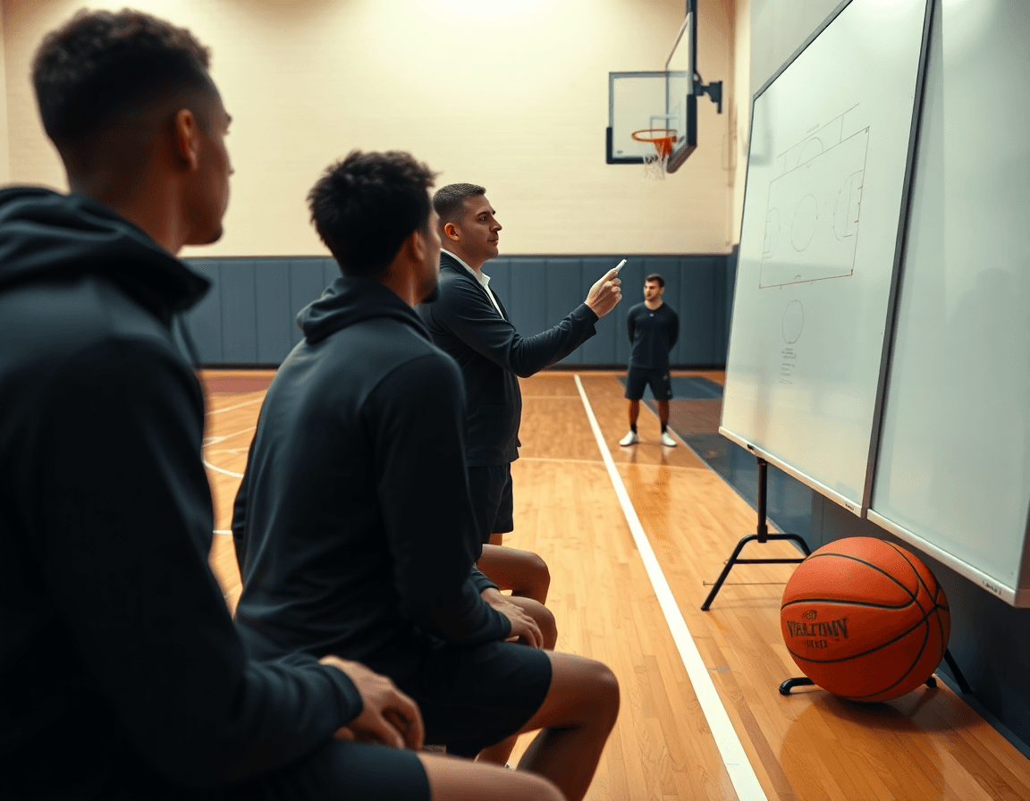 Primo piano su un coach che disegna tattiche sul whiteboard durante corso allenatore basket emilia romagna 2026, squadra.