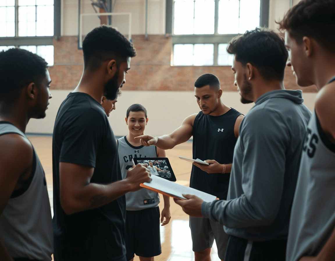 L'allenatore verifica clip di corso allenatore basket emilia romagna 2026 sul tablet mentre i giocatori osservano.