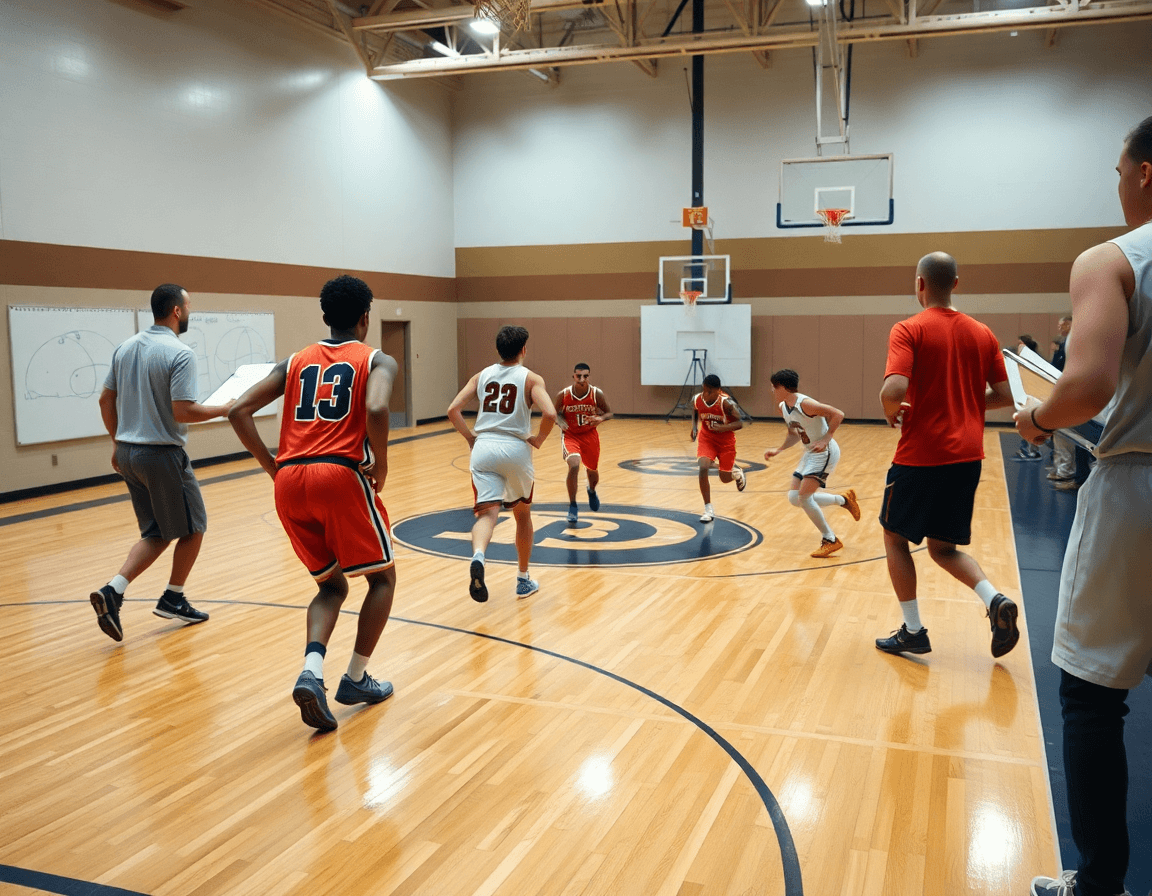 Allenatore mostra flusso di lavoro settimanale durante corso allenatore basket emilia romagna 2026, palestra piena di giocatori.