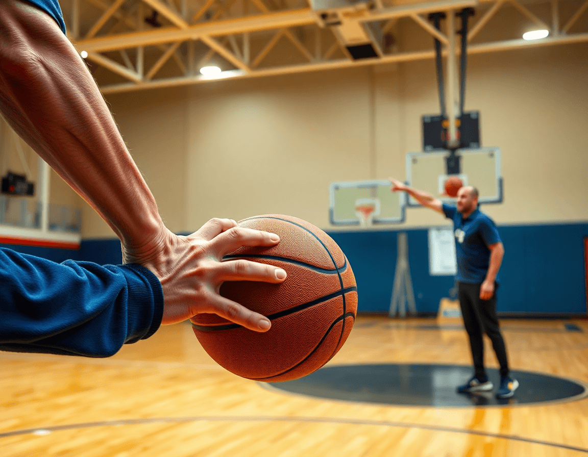 Scatto ravvicinato di due giocatori in un pick-and-roll su basket, coach guida tattica.