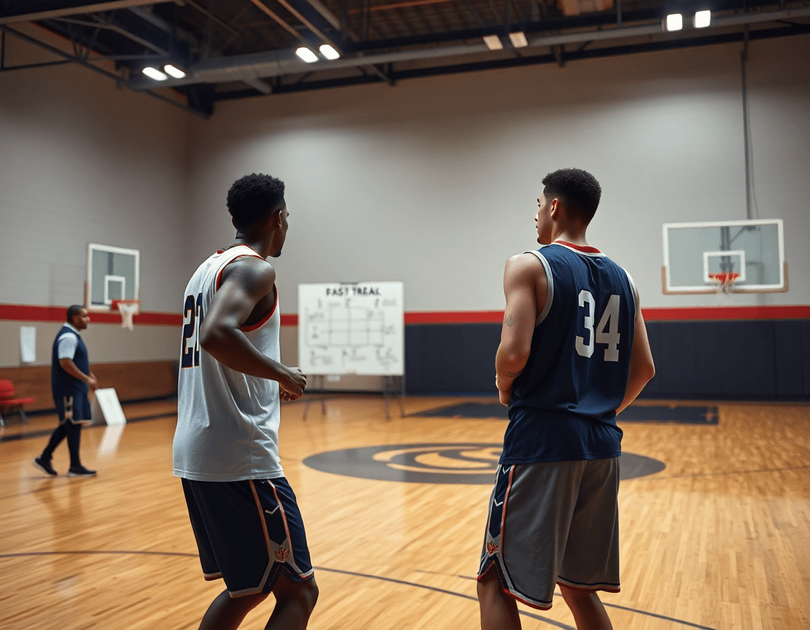 Scatto ravvicinato di due giocatori in un pick-and-roll vicino all'arco; coach indica la tattica.