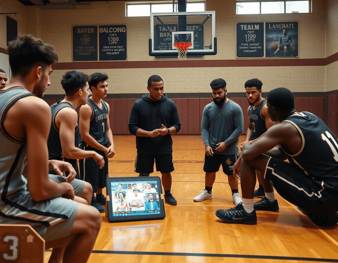 Scouting in palestra durante corso allenatore basket emilia romagna: giocatori osservano clip avversari su tablet, coach spiega tendenze.