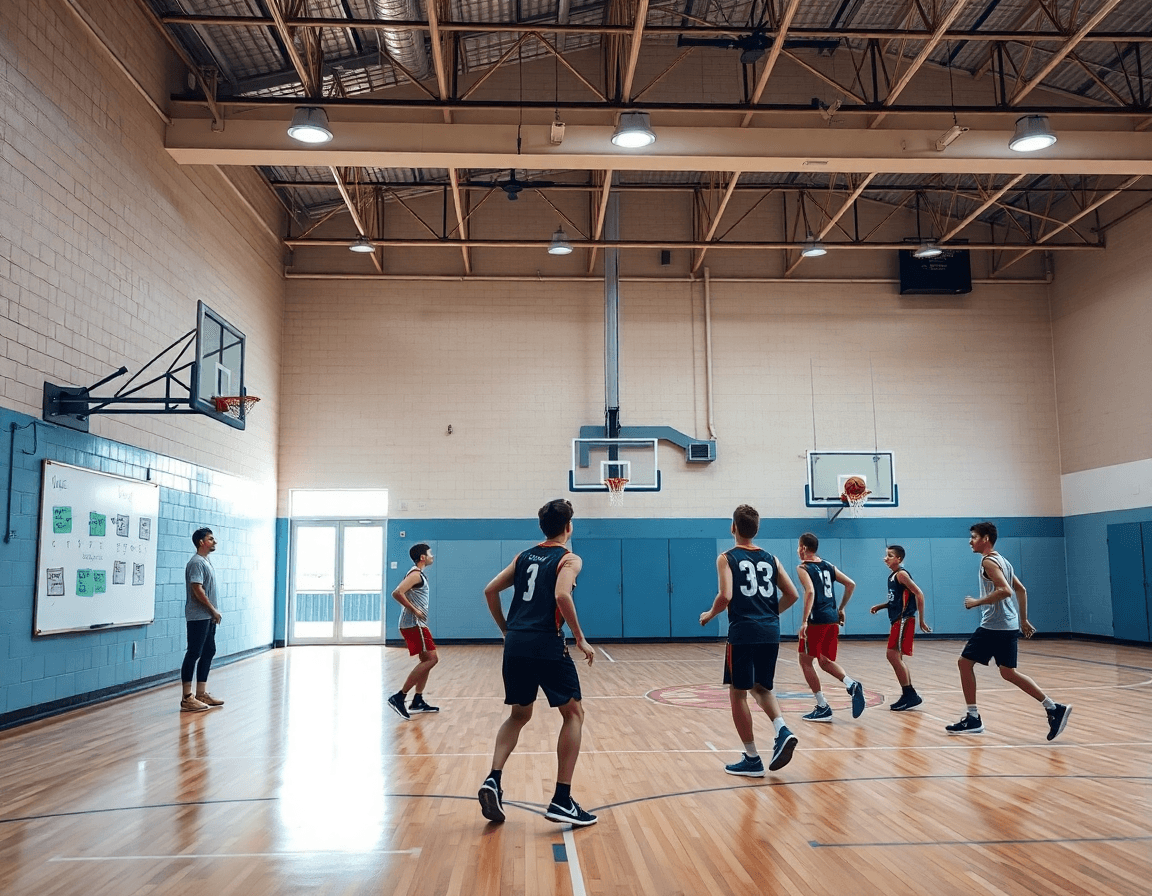 Scena di un corso allenatore basket giovanile, coach discute la settimana di allenamento.