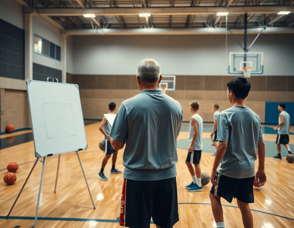 Scena ampia di un allenamento di basketball giovanile: coach con clipboard dirige un corso allenatore basket giovanile.