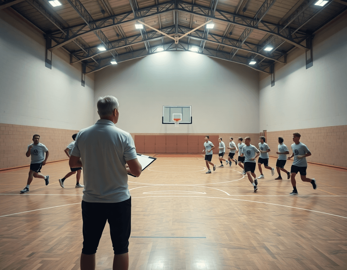 Scena ampia di un allenatore e squadra in palestra, legata al corso allenatore basket.