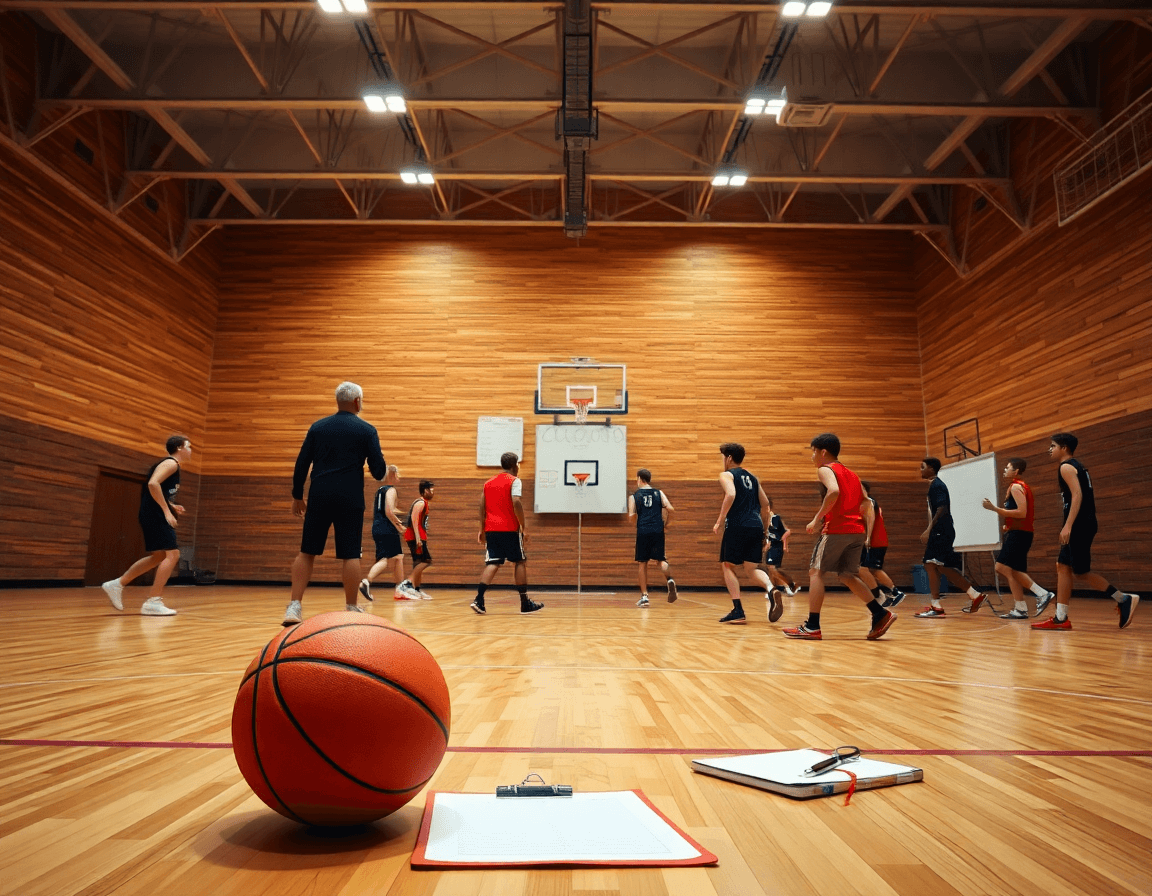 Scena di basketball in palestra lombarda: corso allenatore minibasket lombardia con coach e squadra in allenamento.