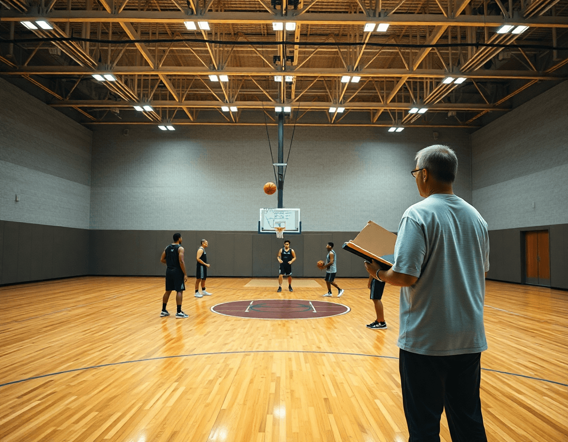 Scena ampia in palestra di basket con coach e giocatori, corso allenatore minibasket online.