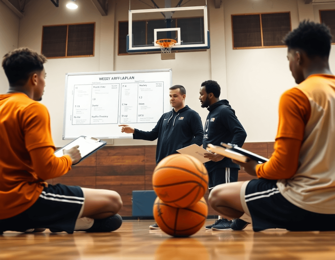 Primo piano di una scena per il corso allenatore regionale in formazione basket, coach e giocatori sul parquet.