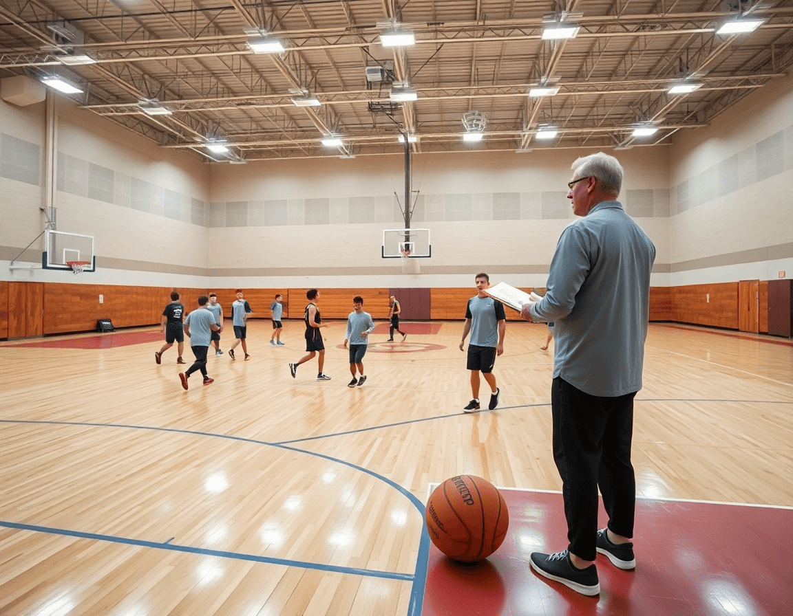 Scena ampia di un corso allenatore regionale in formazione basket sul parquet, coach e giocatori sul campo.