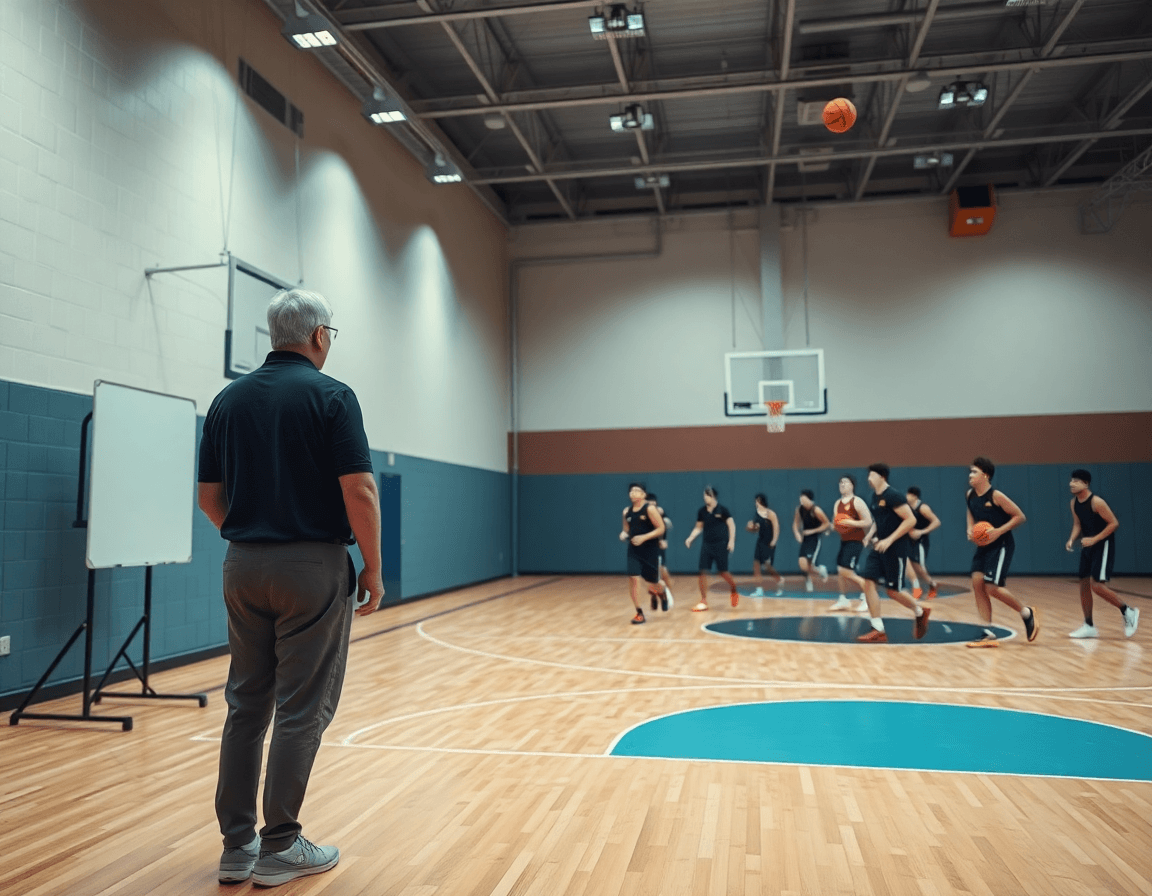 Scena ampia in palestra di basket: coaching e squadra durante corso allievo allenatore basket 2025 emilia romagna.