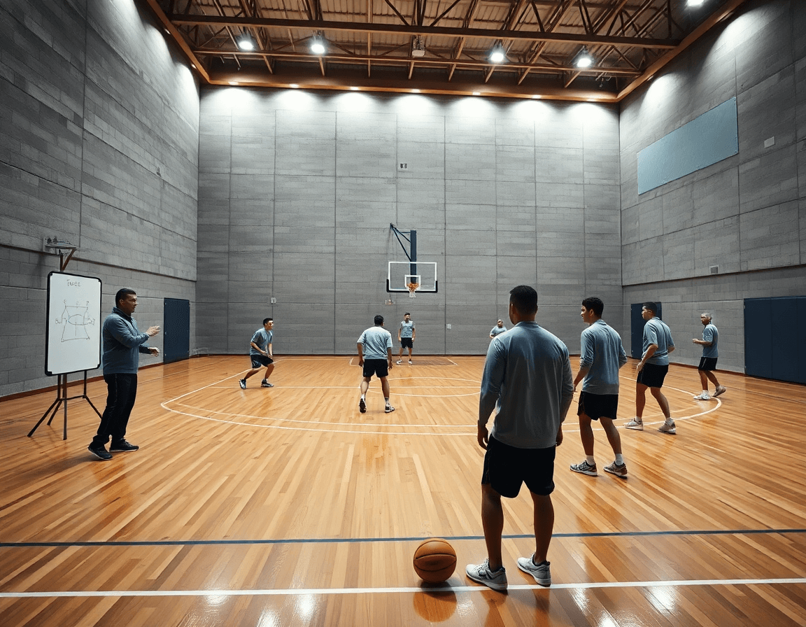 Scena panoramica in palestra di basket: allenatore e squadra praticano la costruzione difesa a zona basket.