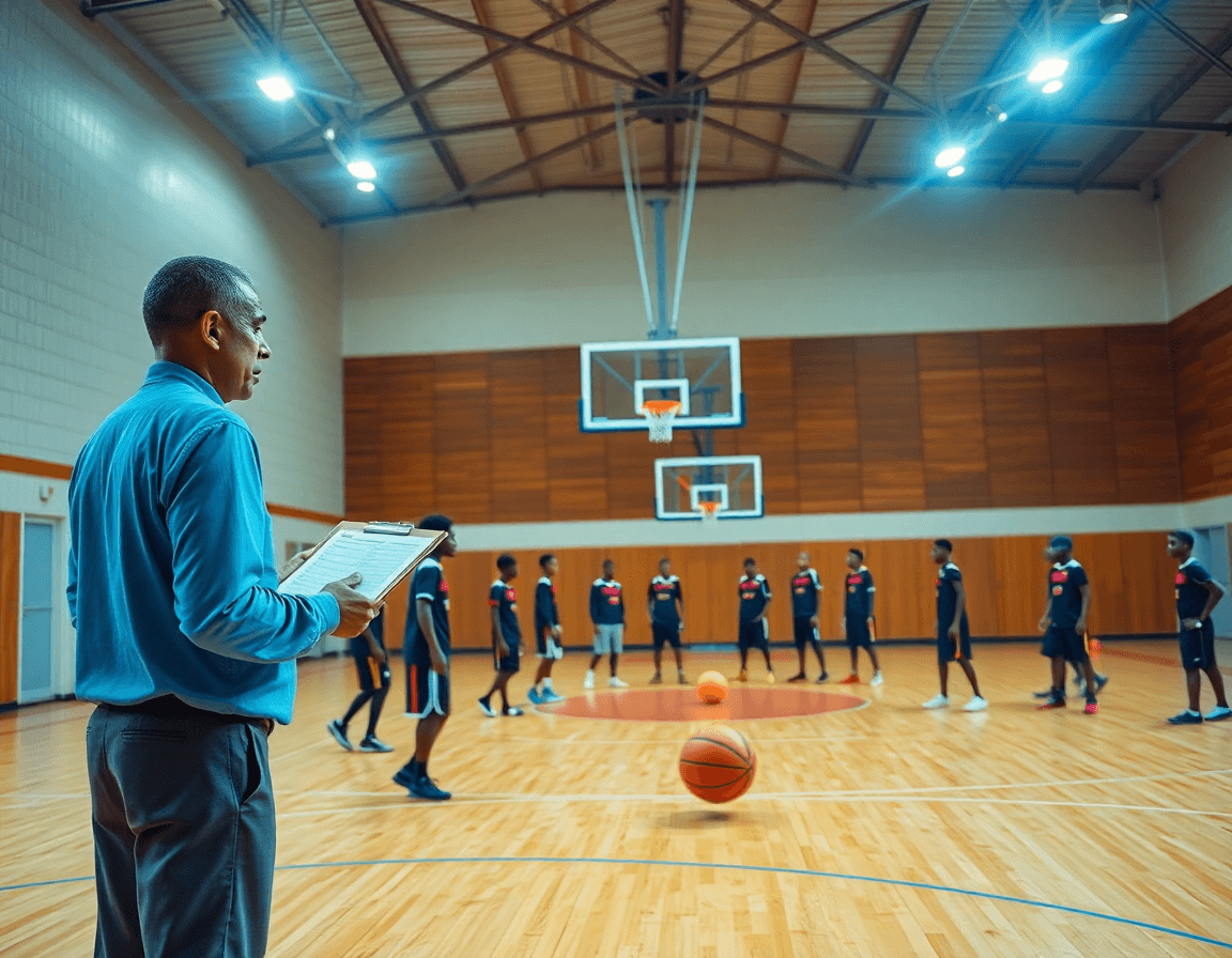 Allenamento cote d'ivoire basket u16 in palestra: coach guida la squadra durante una sessione di basket.