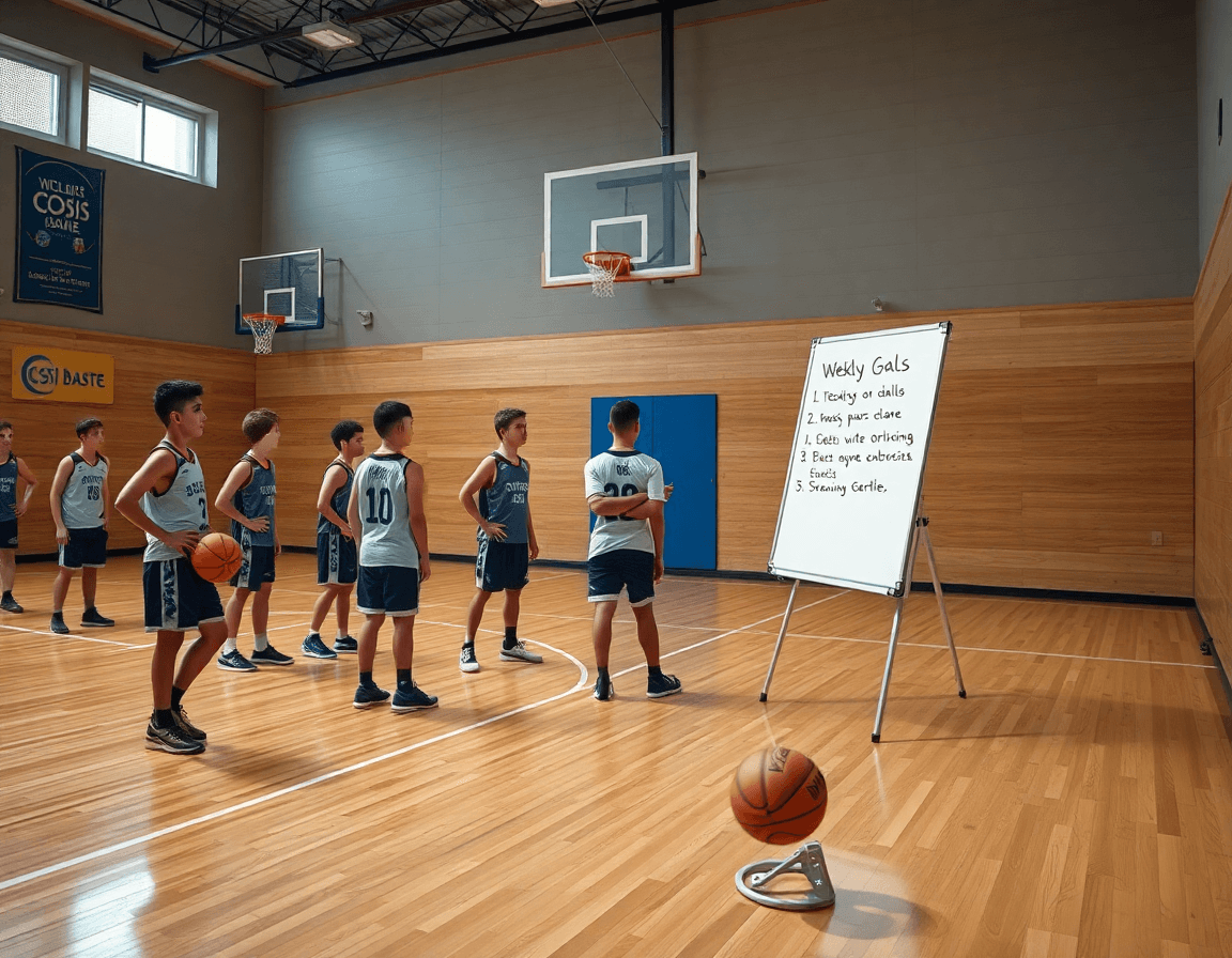 Allenatori e ragazzi CSI basket U14 Padova discutono obiettivi settimanali durante l'allenamento di basket.