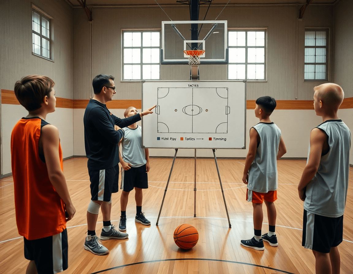 Un coach illustra la tavola tattica per la squadra csi basket u14 padova durante l'allenamento.