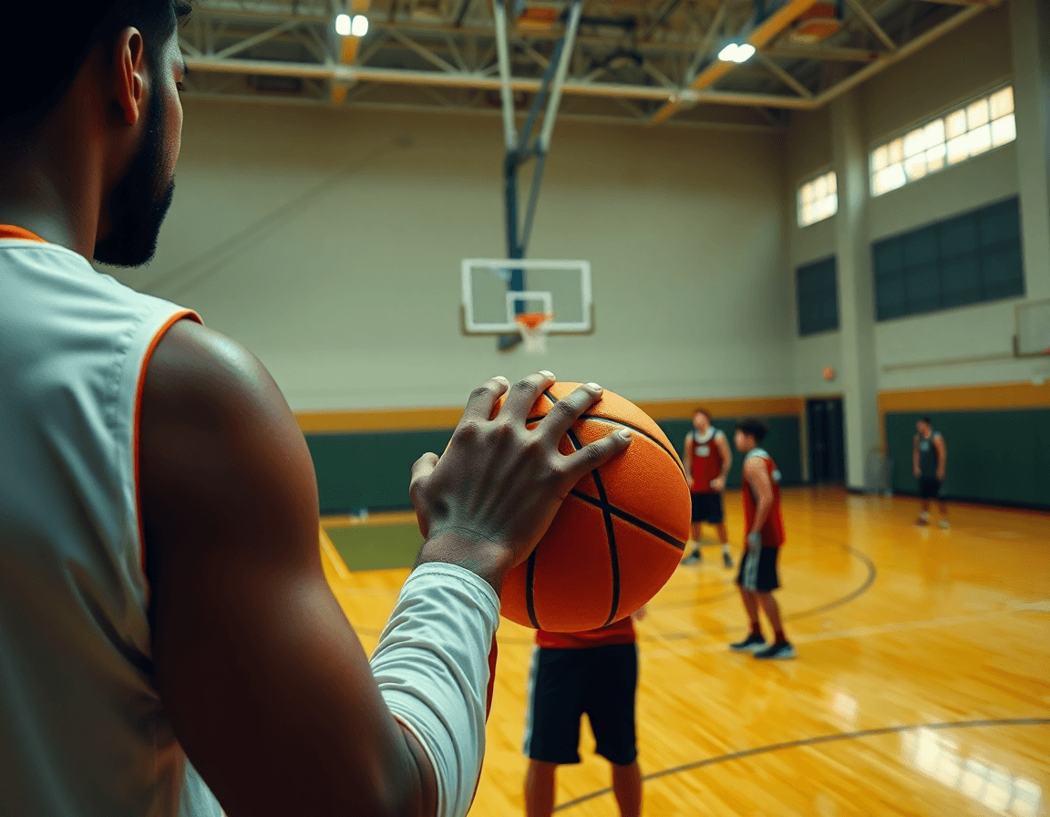 Primo piano di pallacanestro: due giocatori con palla arancione mentre dalam basket istilah pick and roll digunakan pada.