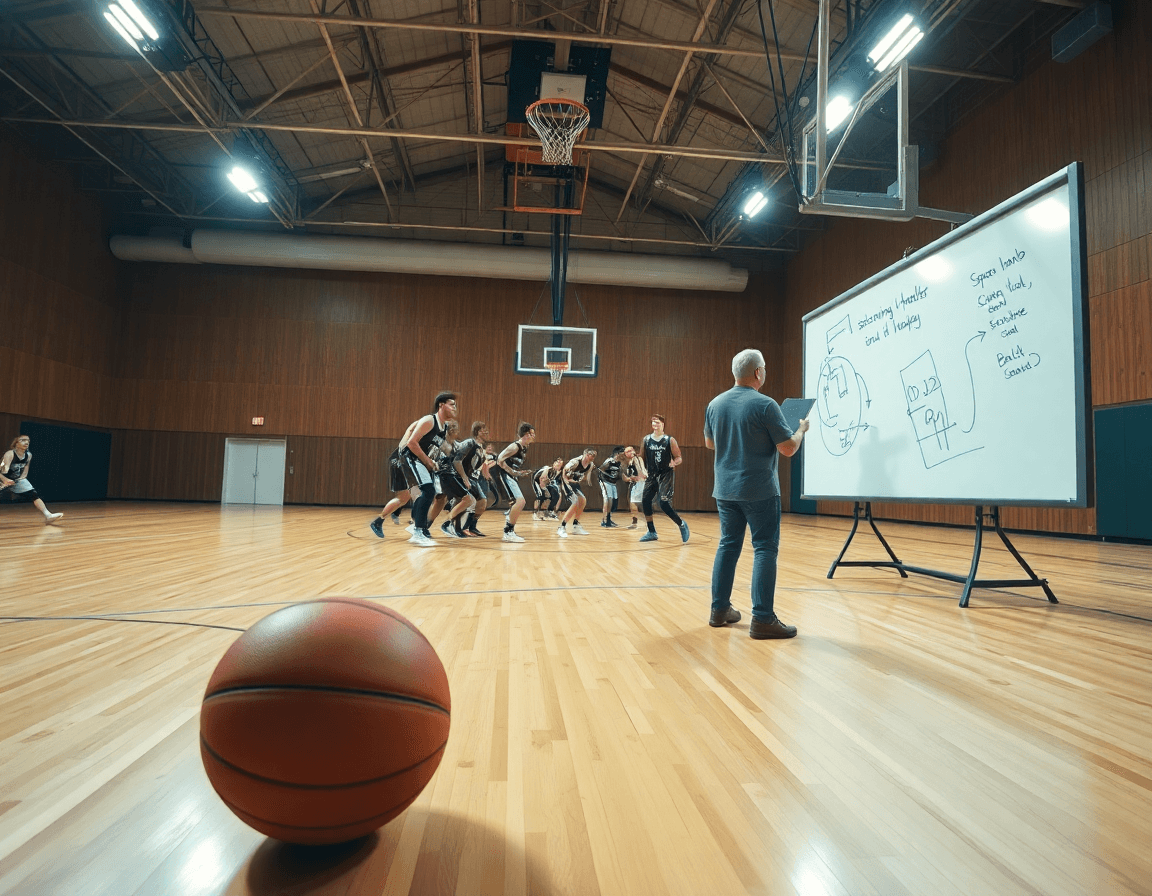 Palestra di pallacanestro: coach guida la squadra mentre dalam basket istilah pick and roll digunakan pada.