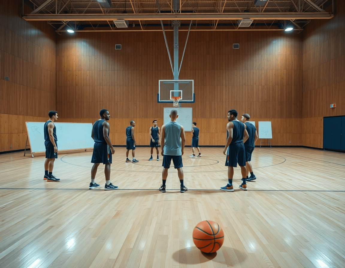 Prospetto di difesa a zona basket 1 3 1 in palestra: cinque giocatori e coach con lavagna tattica.