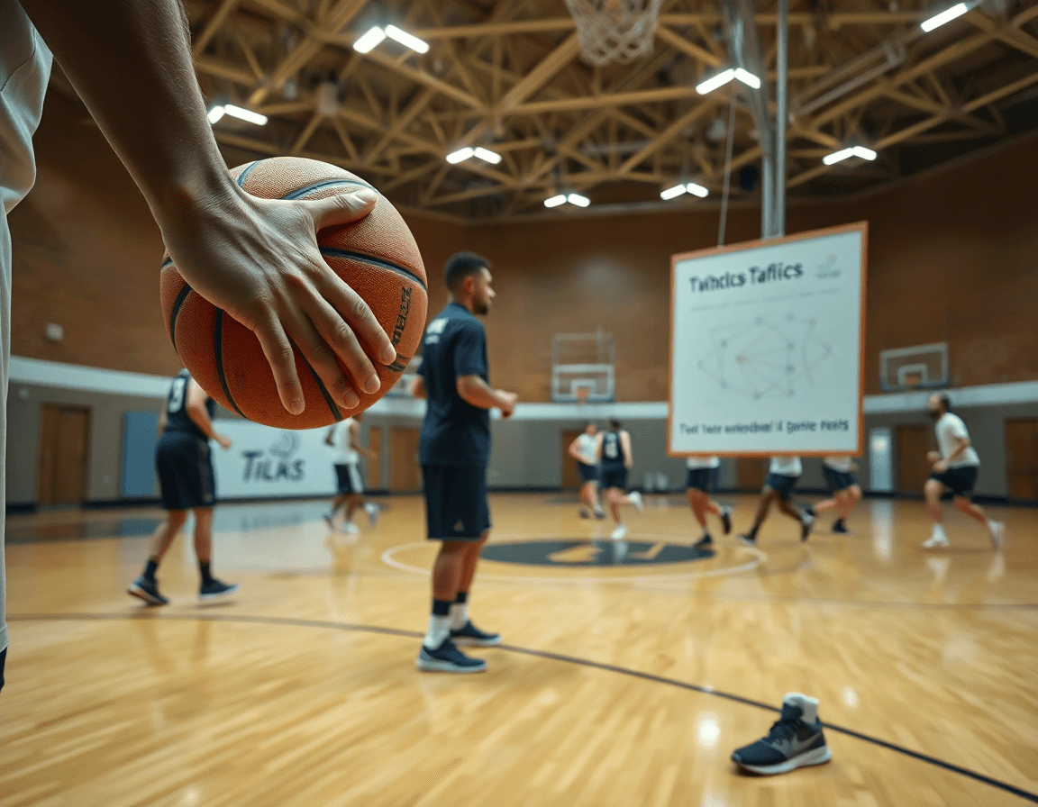 Primo piano sulle mani che palleggiano una palla arancione, l'allenatore indica una lavagna tattica per basketball.