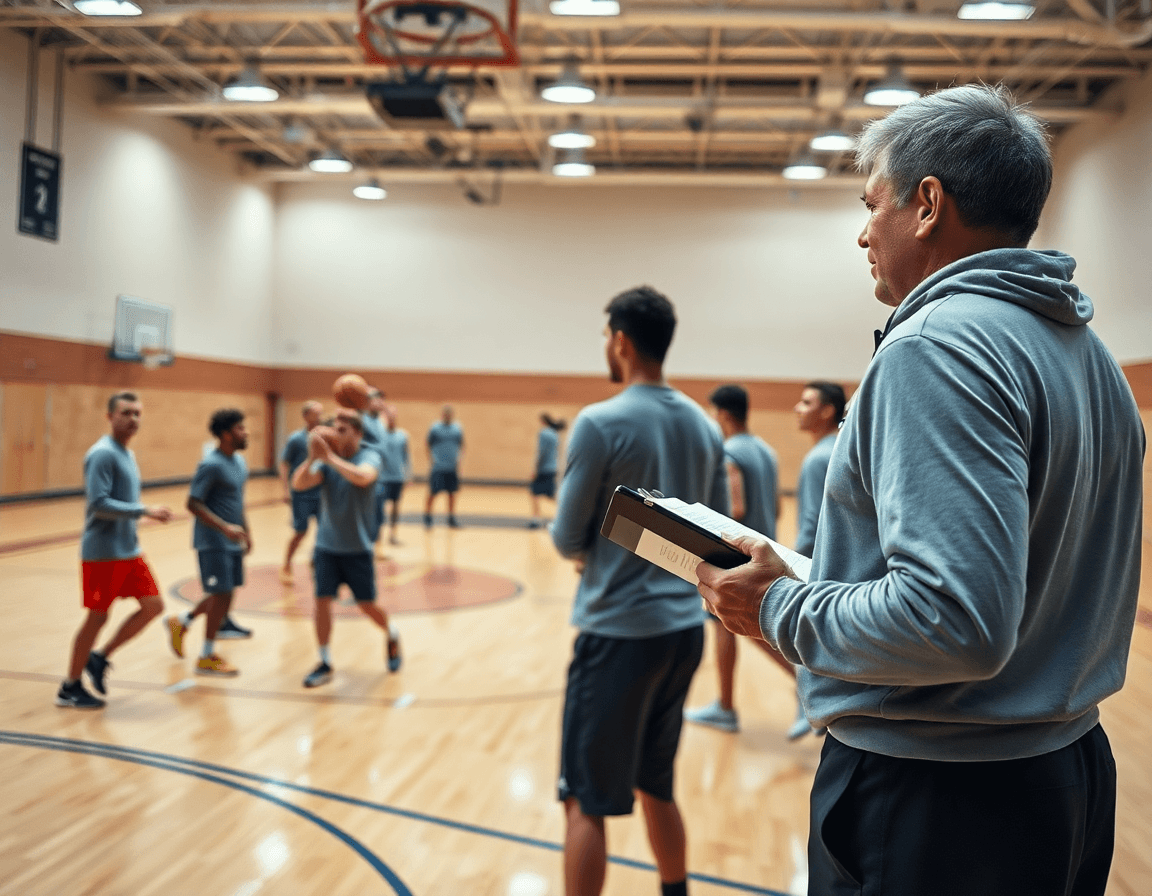 Allenatore guida una sessione di basketball in palestra, evidenziando la difesa a zona basket.