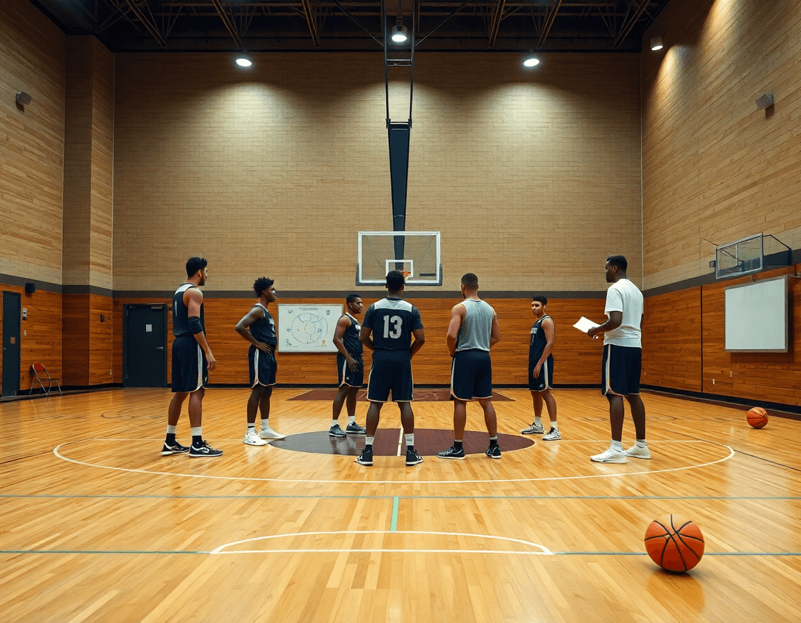 Difesa a zona nel basket: l'allenatore spiega rotazioni e vantaggi con un clipboard sul parquet.