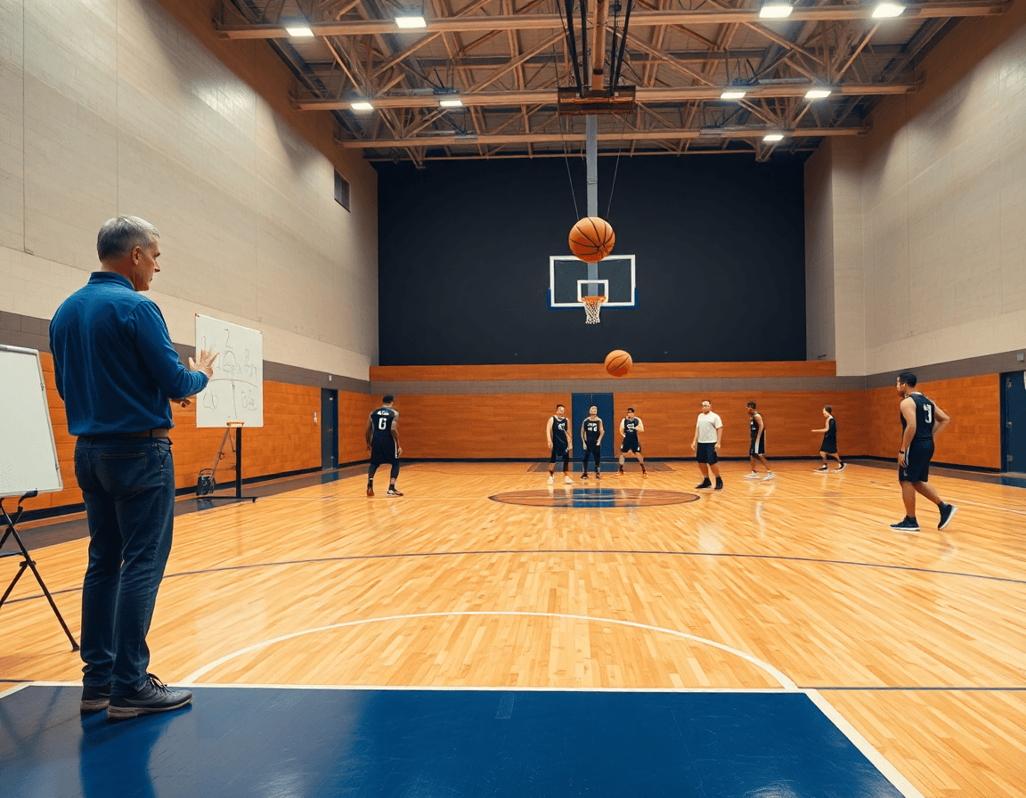 Allenatore guida la difesa a zona nel basket durante una sessione di allenamento con lavagna tattica sul parquet.