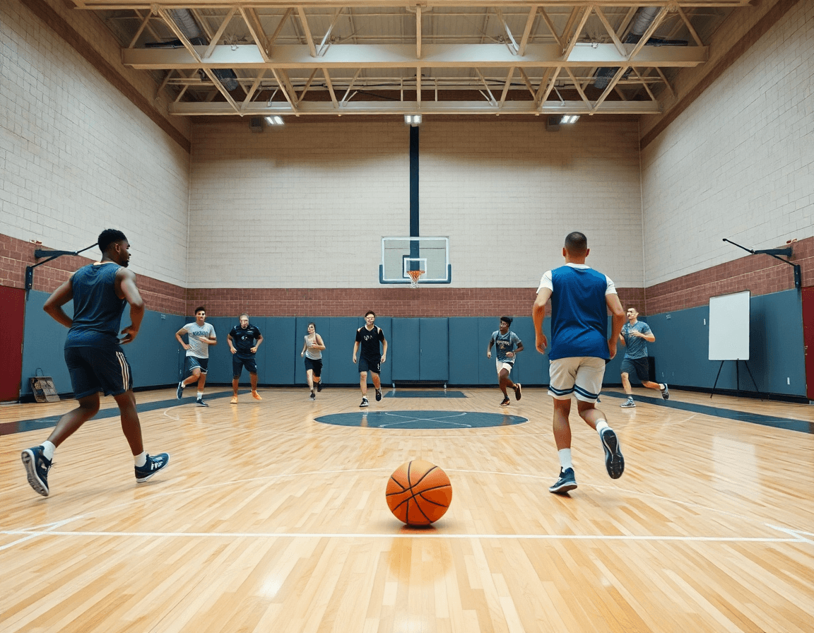 Inquadratura ampia di basket difesa a zona durante l'allenamento, con allenatore e rotazioni palleggiate sul parquet.