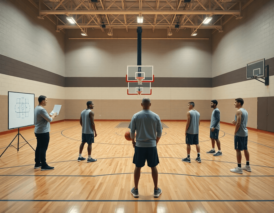 Allenatore e giocatori praticano basket difesa a zona nel gym, sul parquet di legno.
