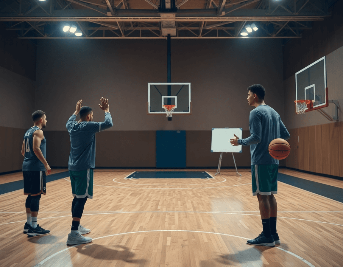 Due giocatori in difesa basket esercizi vicino al punto alto del campo, guidati dal coach.