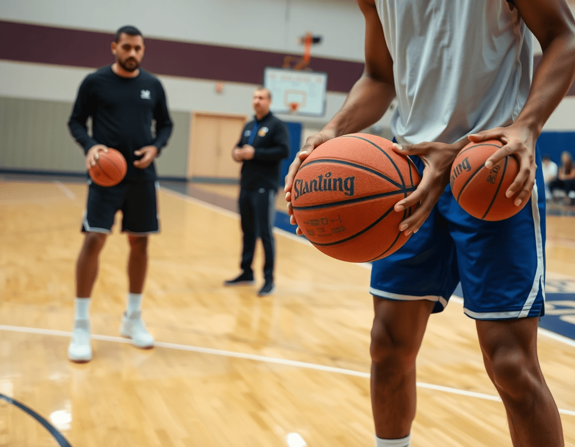 Primo piano sulle mani di un giocatore che impugna una basketball durante un drill di chiusura difensiva.
