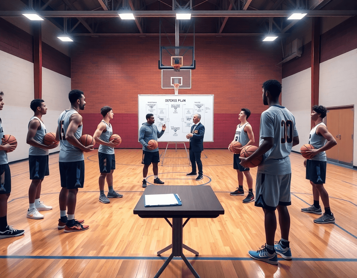 Inquadratura ampia di una riunione di squadra in palestra durante una settimana di difesa basket esercizi.