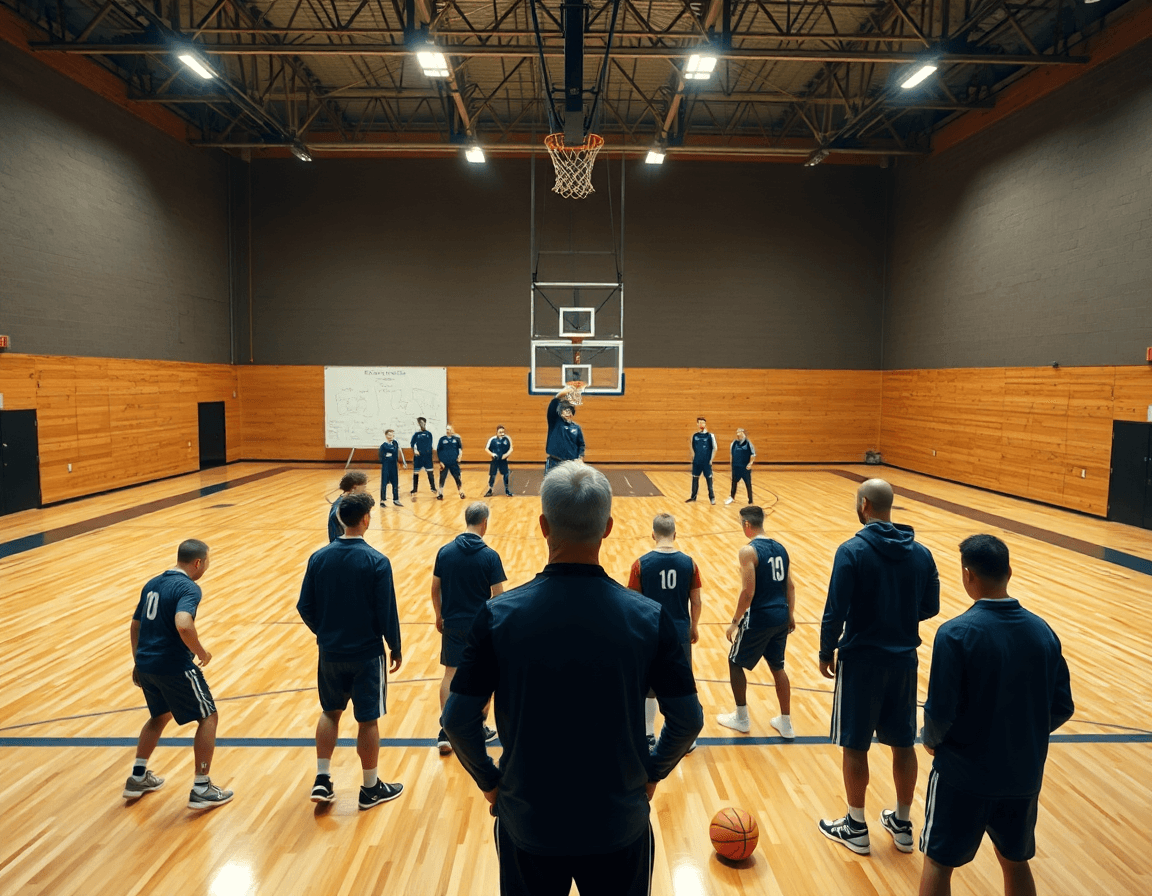 Scatto panoramico di difesa basket esercizi con coach e squadra sul parquet di legno della palestra.