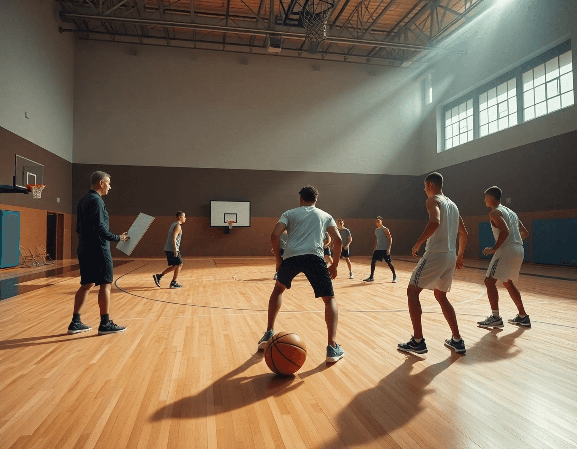 Allenatore e squadra praticano la difesa basket run and jump durante una sessione di allenamento in palestra.