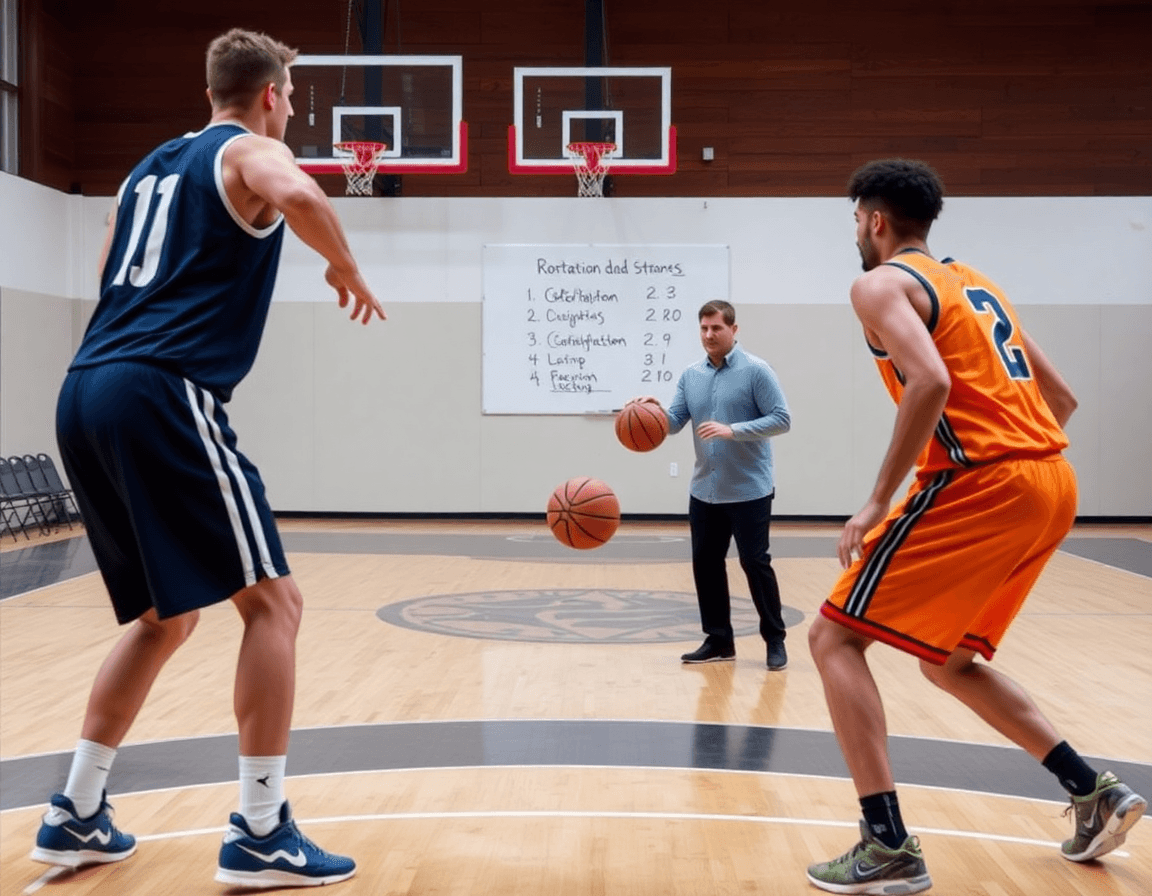 Dettaglio di una difesa guardia aperta basket durante rotazione difensiva in palestra.