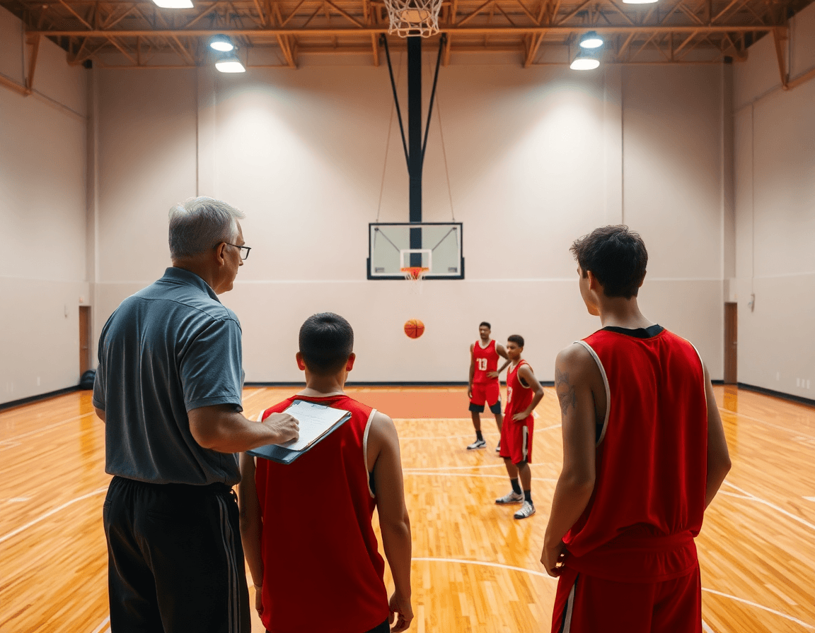 Difesa guardia aperta basket in palestra: allenatore spiega schemi, guardie in posizione.