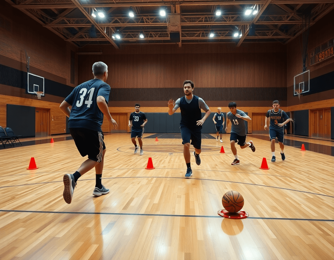 Allenamento piedi veloci per difesa 1c1 sul parquet, pallone arancione presente oggi.
